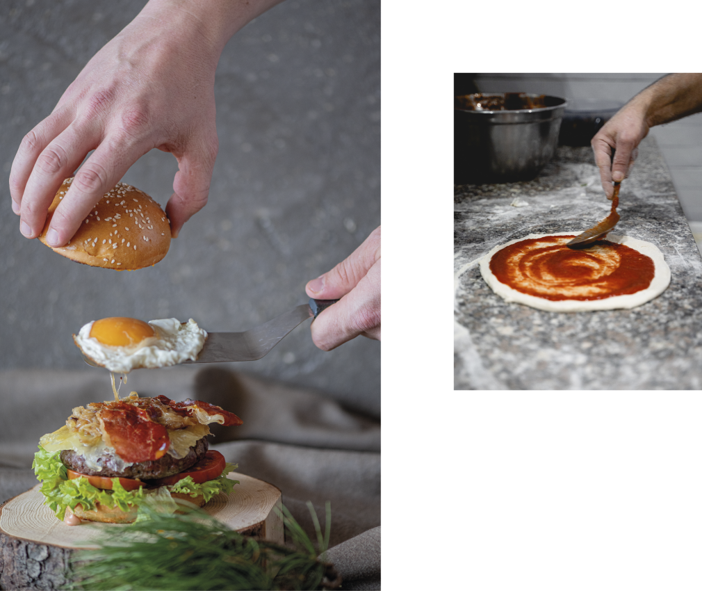 WOW-Burger und Pizza in der Zubereitung